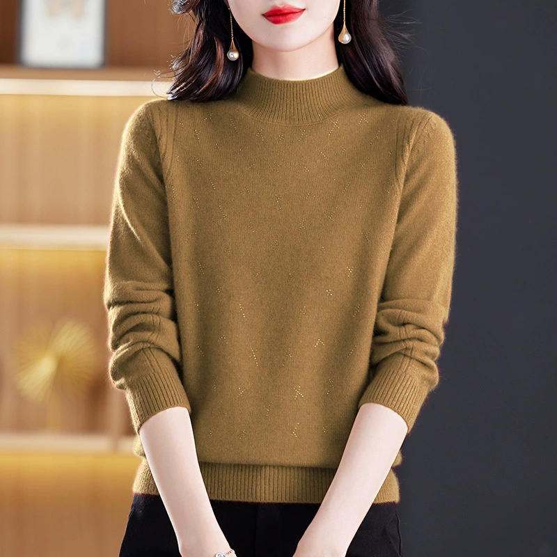 Красный 2023 Зимний новый свободный модный свитер с высоким воротом, Однотонный женский свитер, вязаная нижняя рубашка