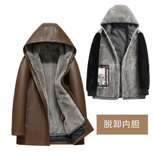2024 Autumn and Winter New Sheepskin Jacket Men's Thickened Warm Removable Inner Pins Two-Wearing Hooded High-end Leather Jacket