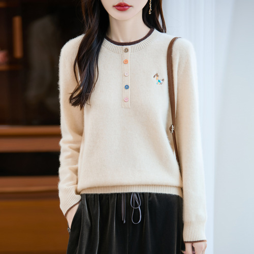 100% Pure Wool Women's Crew Neck Embroidered Pseudo-Two-Piece Base Shirt Autumn/Winter Loose Matchable Soft Hooded Sweater