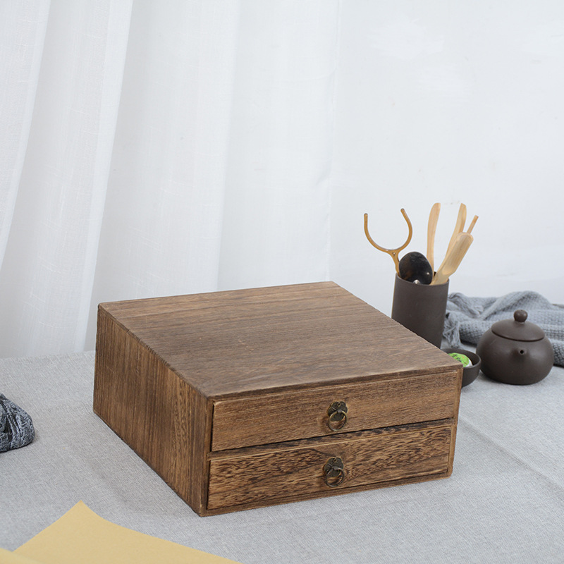 茶叶木盒木质收纳盒双层式茶叶礼品包装盒抽拉式收纳木盒厂家批发