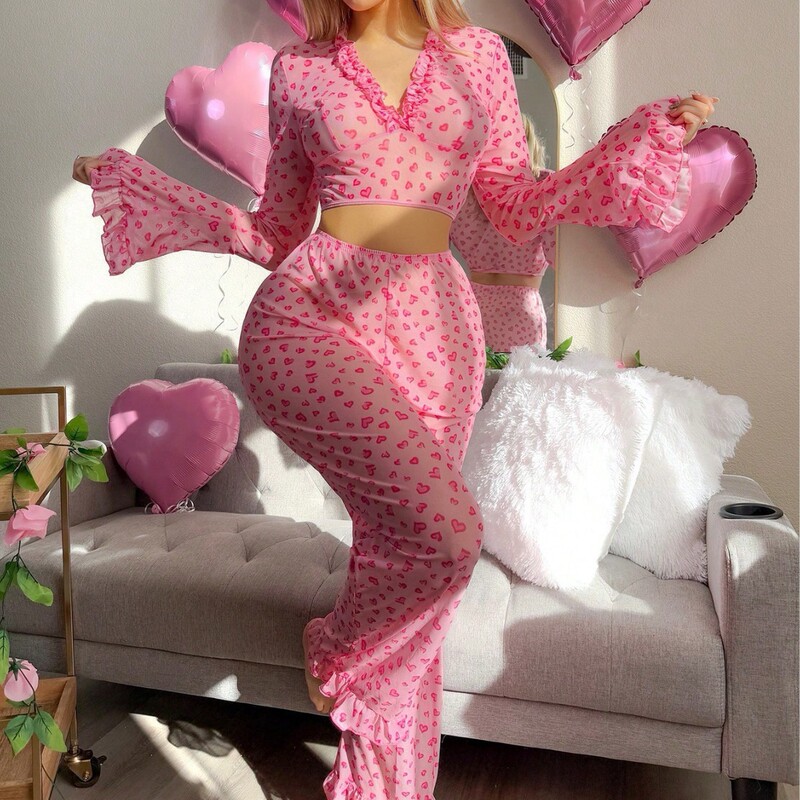 Cross-Border Women's Flirty Lingerie with Lace Trim, Long Sleeves, Heart Print, Amazon Thin Style Sexy Pajama Set Cross-Border Women's Flirty Lingerie with Lace Trim, Long Sleeves, Heart Print, Amazon Thin Style Sexy Pajama Set