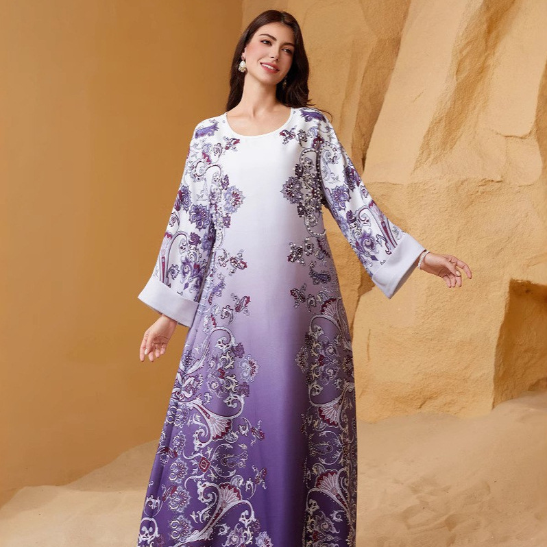 SW2514 Middle East Cross-border New Model Muslim Women's Robe With Printed Patterns, Rhinestones, And Beading, Round_ecoleips.com