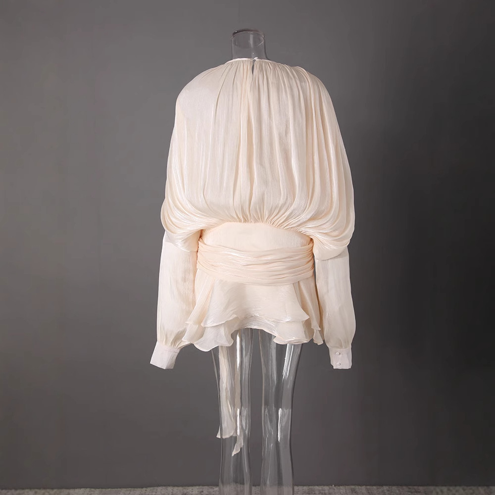 Sexy Sweet Chic Long Sleeve Wrap Tie Dress With High Waist Slit Skirt & Leggings Set - V Neck Ruffle Hem Casual Outfit For Women_ecoleips.com