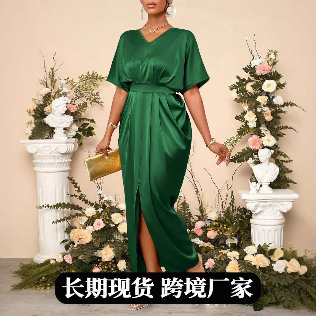 外贸女装跨境早秋新款色丁连衣裙欧美舞会礼服缎面收腰长裙子批发