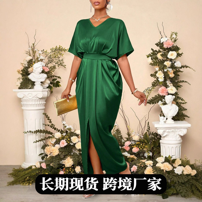 Foreign Trade Women's Clothing Cross-Border Early Spring New Satin Dress European and American Style Ball Gown Satin Waist-Cinching Long Dress Wholesale