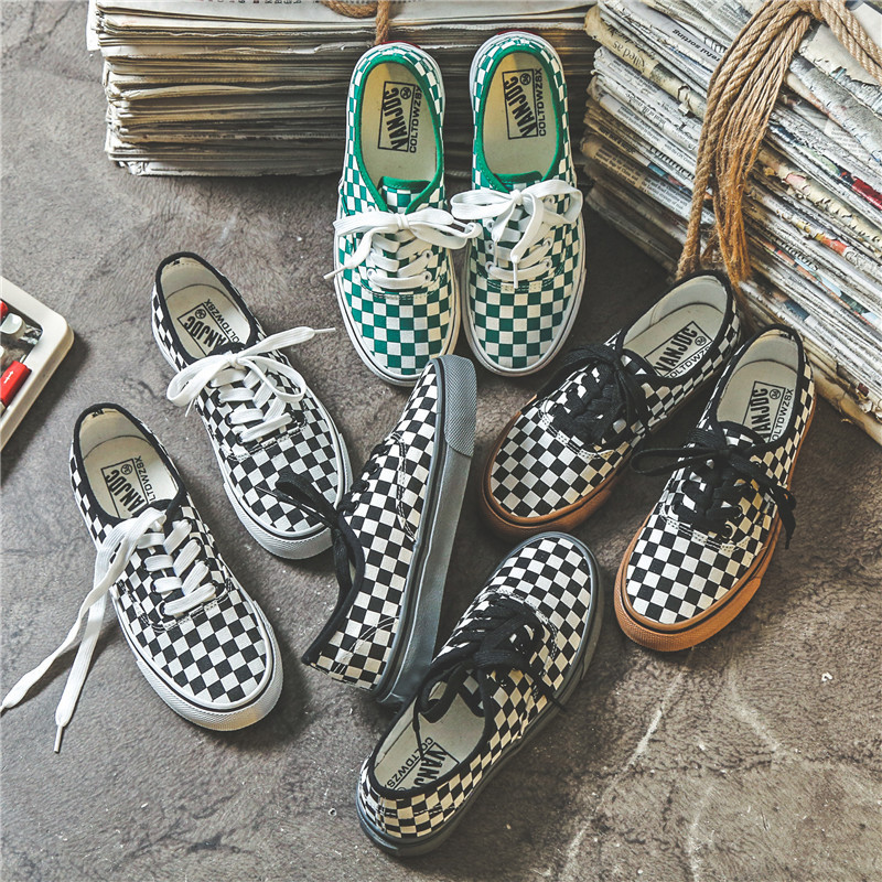 Canvas Shoes Women's Black and White Plaid Retro Hong Kong Style All-match Skate Shoes Korean-style Harajuku-style ulzzang Casual Shoes