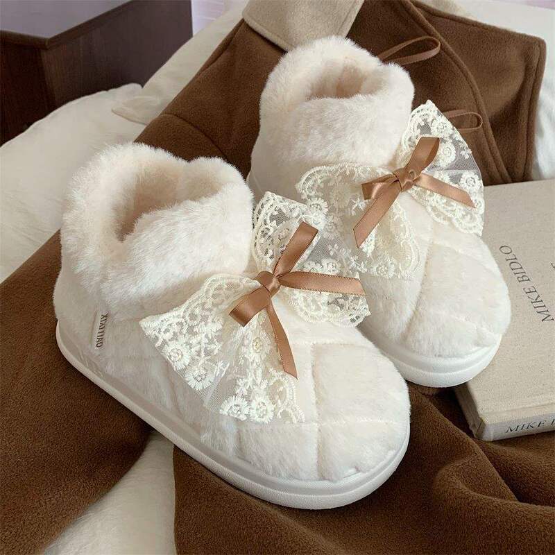 Women's Winter Fairy-Style Lace Bow Versatile Outer Wear Snow Boots with Velvet and Thickened Warm Cotton Shoes
