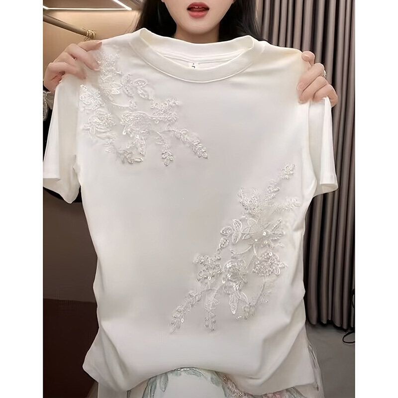 2026 New Style National Style Design Flower Embroidery White Short-Sleeved T-Shirt for Women Summer Fashionable White High-End Top 2026 New Style National Style Design Flower Embroidery White Short-Sleeved T-Shirt for Women Summer Fashionable White High-End Top