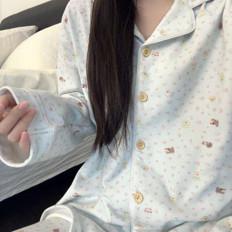 [Sea Salt Floral] High-Density Velvet Korean Autumn and Winter New Pajamas for Women Blue Floral Puppy Long-Sleeved Home Clothes