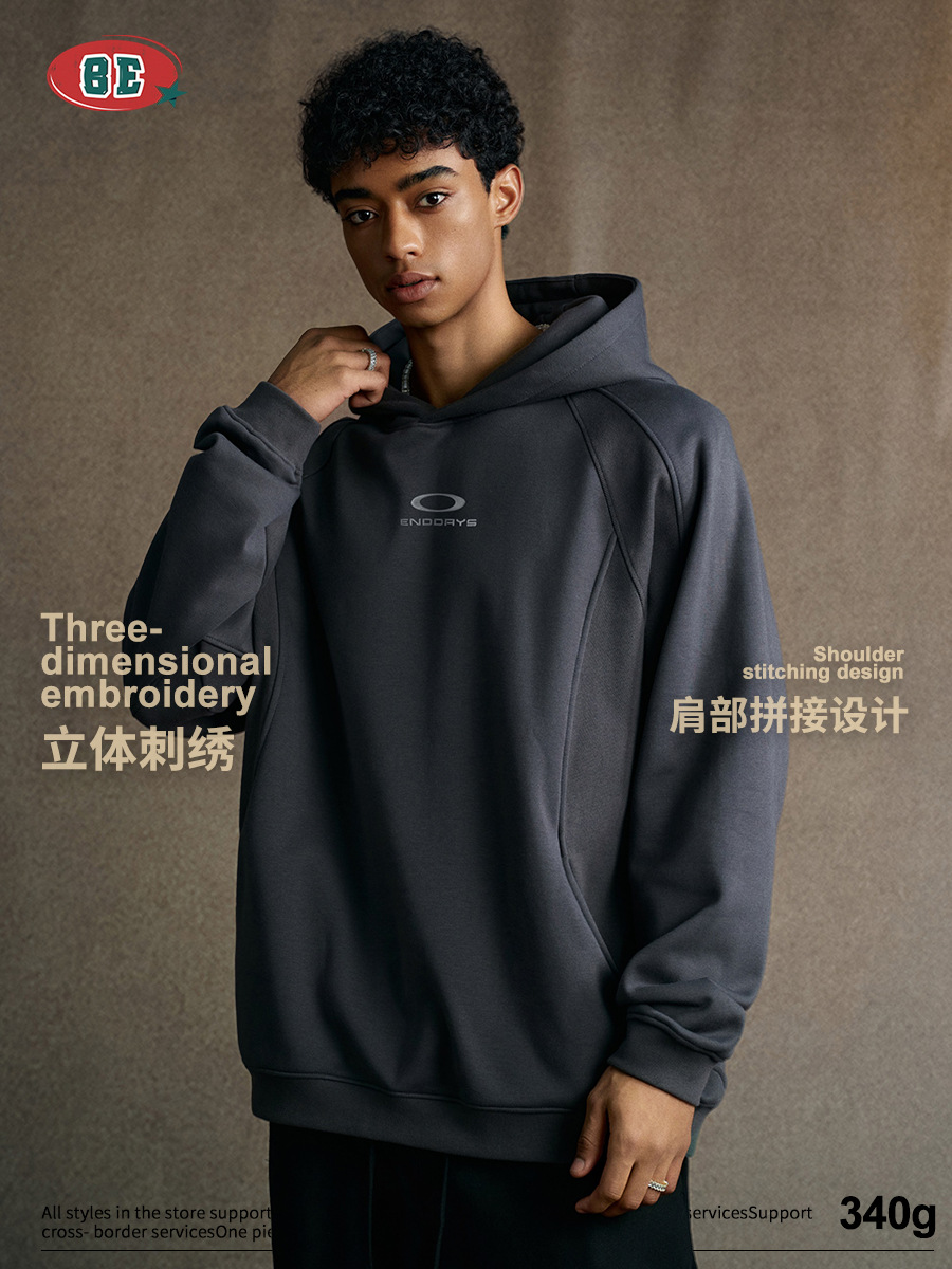 BE ropa de hombre otoño / invierno 2025 marca de moda americana bordada de terciopelo de moda empalmado chaqueta con sombrero suelta casual camisa con sombrero de manga larga para hombre image 2