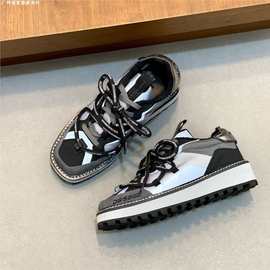 欧洲站新款牛皮拼接网布时尚休闲鞋低帮透气百搭舒适厚底板鞋男