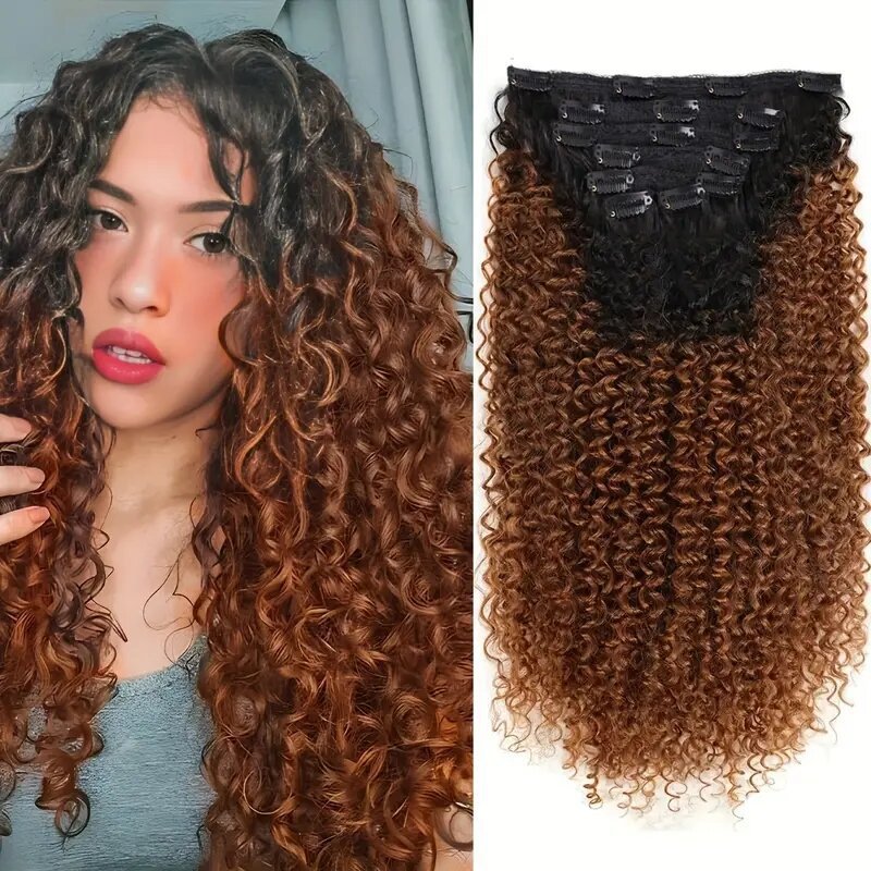 Synthetic curly clip extensiones de cabello Kinky curly clip peluca de cabeza completa dama cabello marrón negro