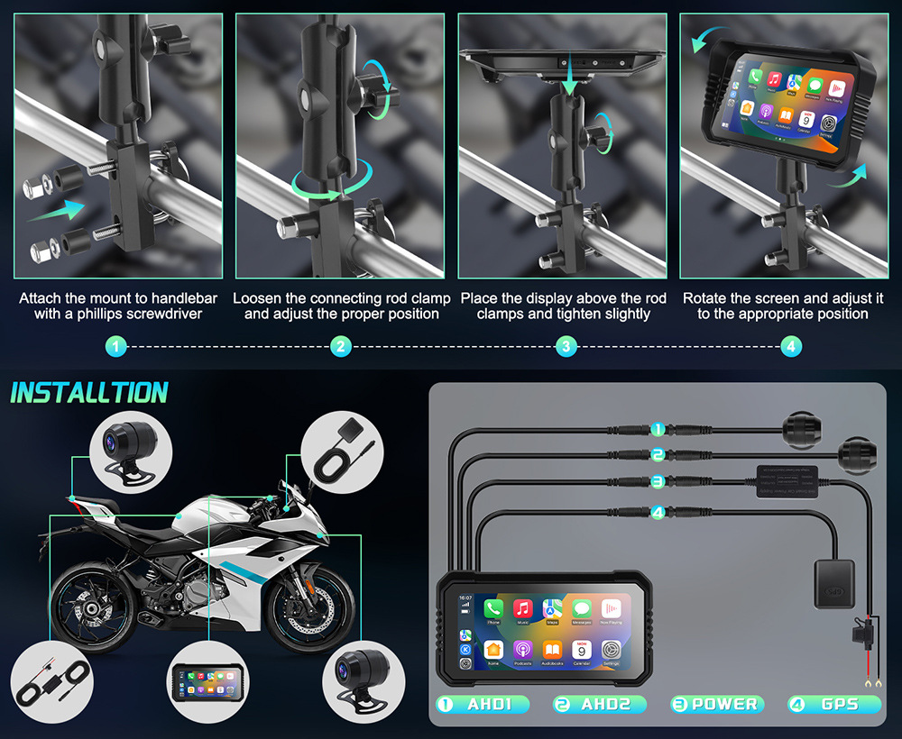 6.25inch Motorcycle Carplay Dual Lens Dash Cam Wifi Bluetooth Gps Wired Control Front and Rear 2K