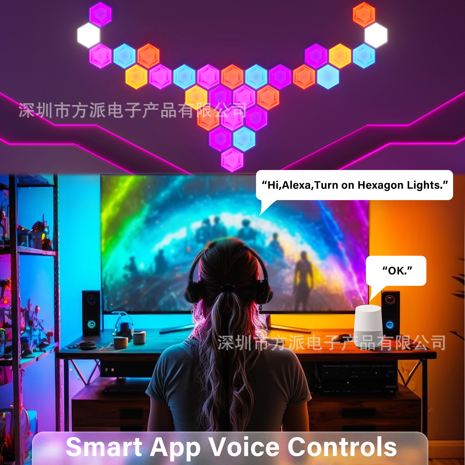 Luz ambiental para gaming, lámpara modular con control por voz y APP