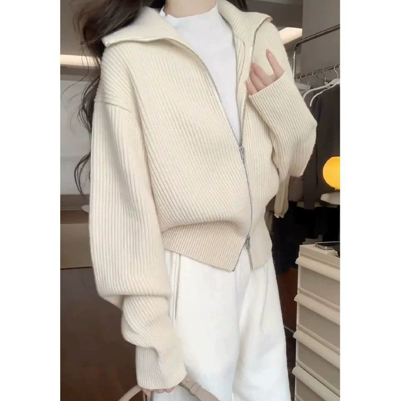 Вязаный демисезонный кардиган с молнией, белый свитер, куртка, oversize, увеличение толщины