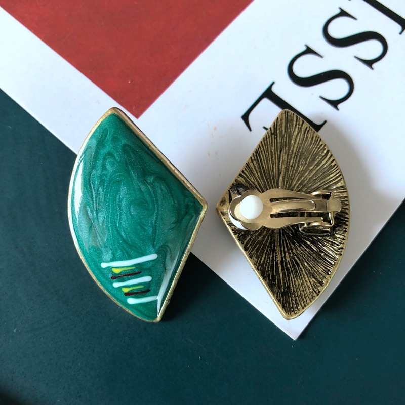 10g Weight No Inlaid Inlay Material Earrings, Ear Studs Classification Travel Occasion Printing Pattern Women'S Gender Plating Design Simple Style Style Green, Gold, Silver Color Fashion Geometric Flower Green Fan-shaped Earrings 8