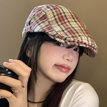 帽子女复古贝雷帽春秋新款百搭格子显脸小画家帽大头围反戴前进帽