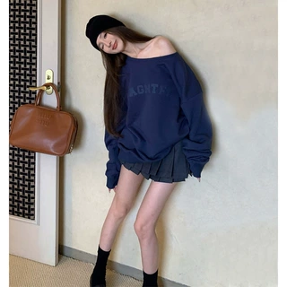 美式藏蓝色辣妹露肩慵懒风卫衣女2026秋冬爆款宽松印花中长款上衣