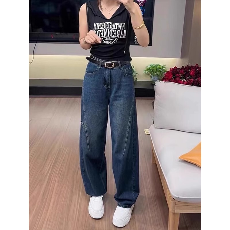 S-5XL大码复古美式牛仔裤女夏季新款宽松高腰显瘦直筒阔腿拖地裤|undefined
