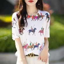 夏季韩版新款桑蚕丝半袖体恤女士24洋气短袖t恤印花涂鸦宽松批发