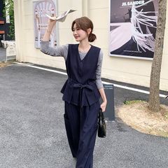 超火收腰马甲阔腿裤套装女春秋三件套韩系超火减龄ootd穿搭老钱风