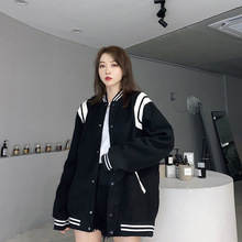 美式复古黑色棒球服外套女秋冬季新款学院风毛呢休闲夹克上衣外贸