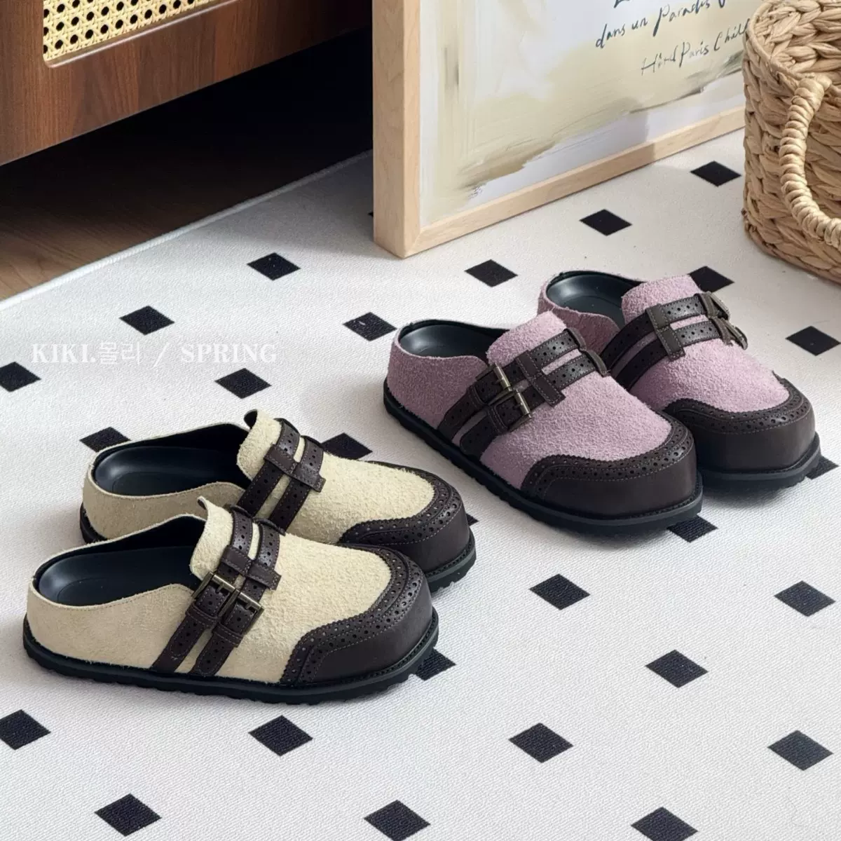 mollykiki复古厚底拼色一脚蹬2026春夏新款增高休闲百搭博肯拖鞋