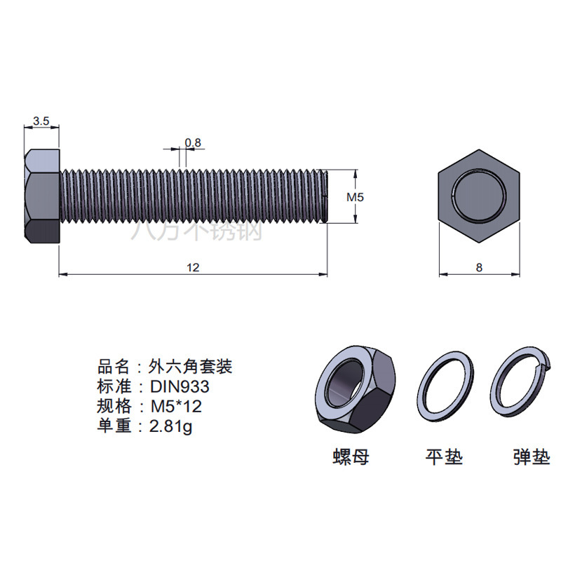 Tuerca de tornillo 304 acero inoxidable hexagonal conjunto de alta resistencia con almohadilla perno de tornillo antideslizante M3M4M5M6M12