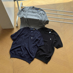 跨境外贸R*L小马标刺绣短袖针织衫T恤男女款气质通勤套头圆领夏季