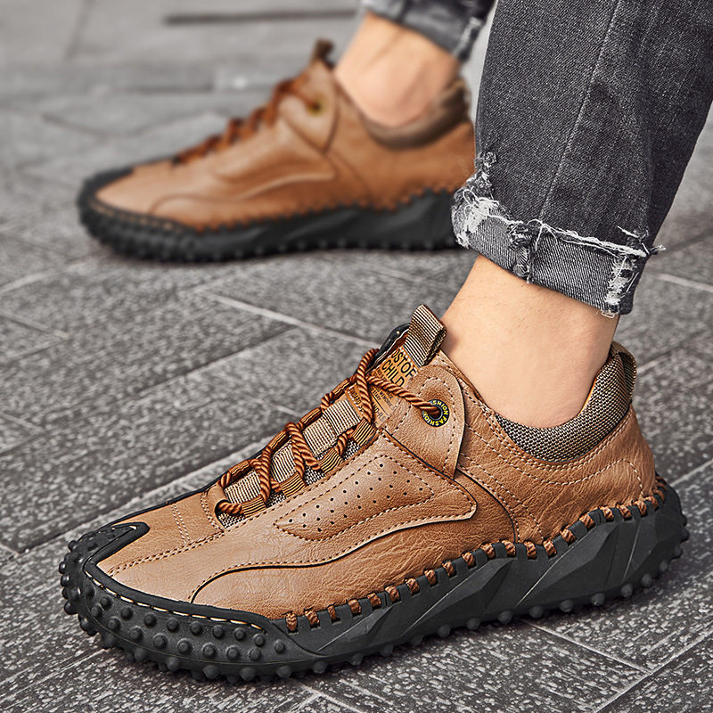 Giày lười nam da buộc dây cổ thấp đế bằng chống trượt, form rộng size lớn — 91033 kaki, 91033 màu nâu, 91033 màu đen