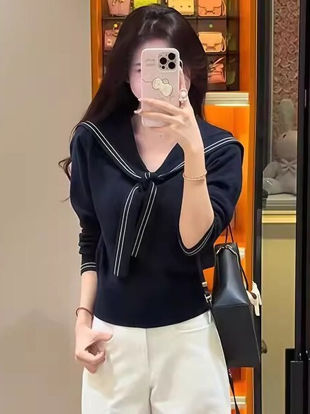 围巾领针织衫女2025秋季新款韩系学院风减龄短款收腰修身长袖毛衣|undefined