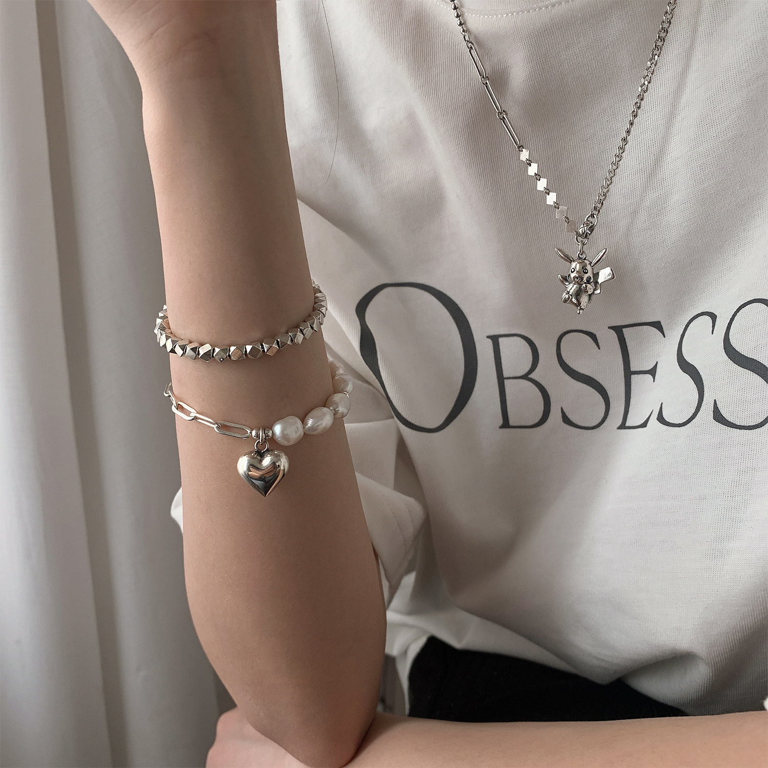 Fashion Simple Style Geometric Heart Shape Copper Asymmetrical Artificial Pearls Bracelets