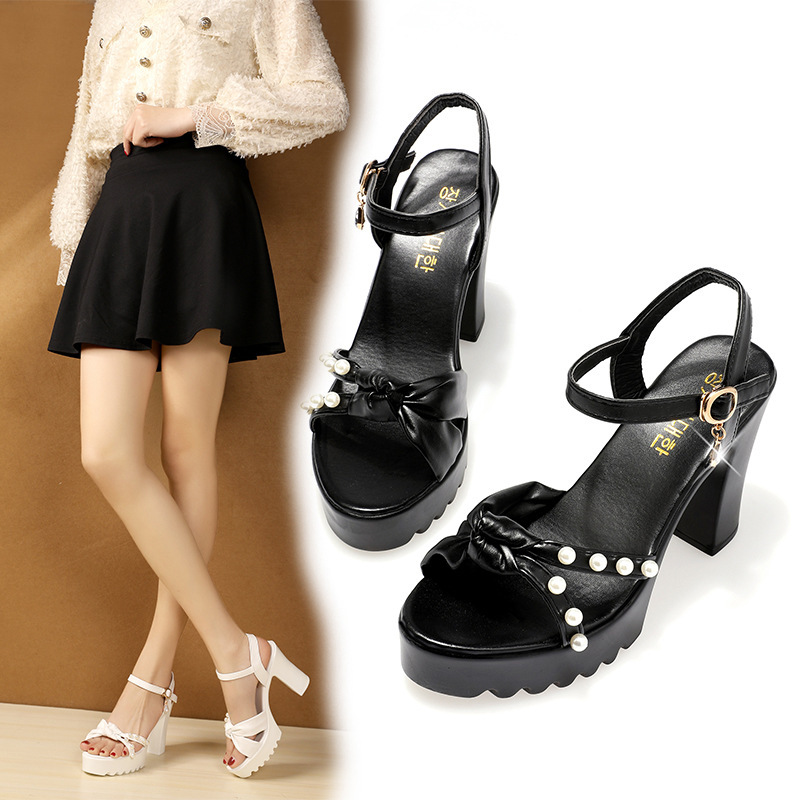 New High-heeled Sandals Thick Heel Waterproof Platform All-match Summer Soft Leather Pearl Comfortable Western Style Height-increasing Women's Shoes