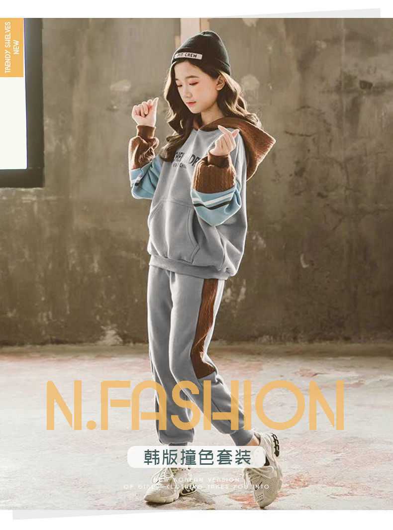 女大童秋装2021新款潮拼色印花儿童套装秋冬加绒加厚韩版洋气卫衣详情1