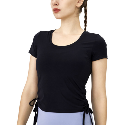 Summer New Arrival: High-End Lycra Short-Sleeve Quick-Dry T-Shirt with Dual Side Drawstrings – Breathable Sporty Casual Top for Women’s Yoga Wear