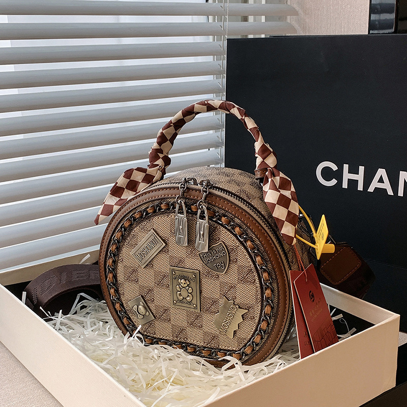 Cross-Border Round Cake-Shaped Bag for Women, Spring 2026 New Fashion Badge Silk Scarf Handbag, Versatile Crossbody Bag, Vintage Bag
