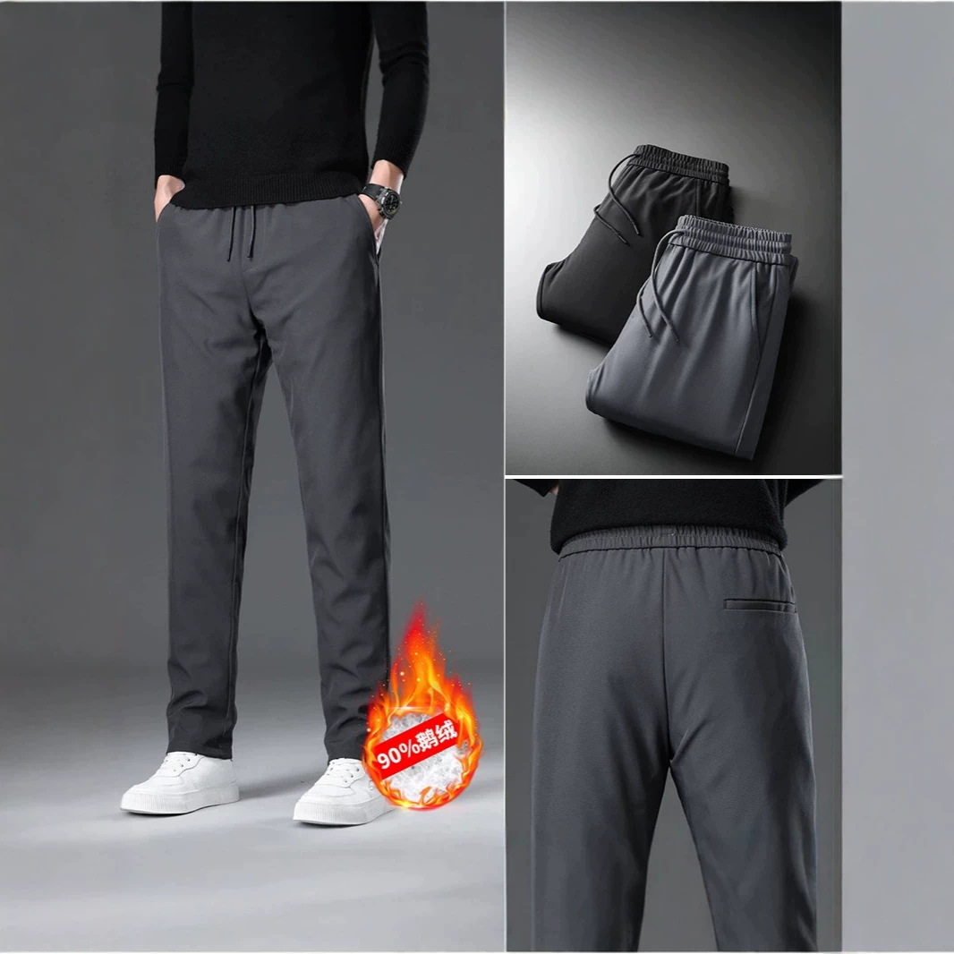 2026 Men's Winter Thickened Down Pants, Casual Elastic Waist Straight Leg Warm Long Pants, Men's Outerwear Goose Down Cotton Pants