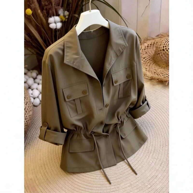 Army Green Lace-Up Waist-Cinching Shirt, Slimming 2026 Spring/Summer New Style, White, Black, Gray Loose Fit, Figure-Flattering Top, Women's Shirt