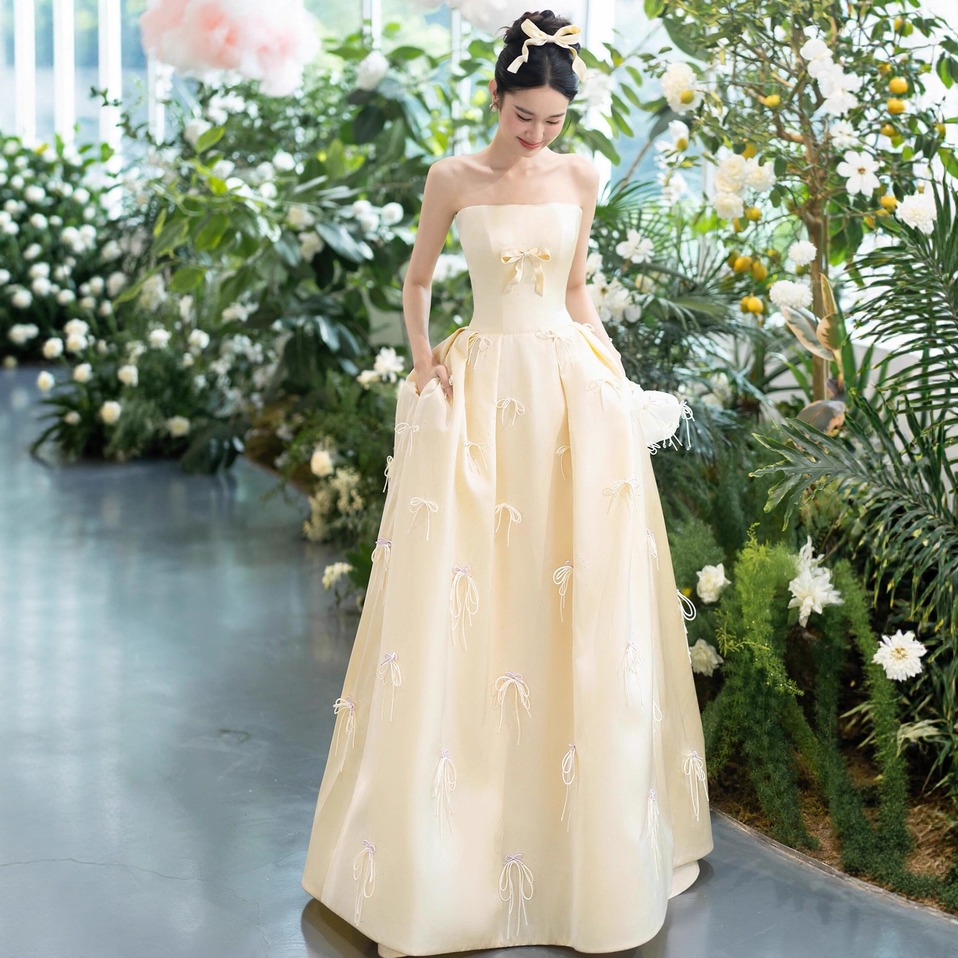 Strapless Banquet Evening Dress, High-End Elegant Bride's Forest-Style Dreamy French Niche Bow Engagement Toast Dress