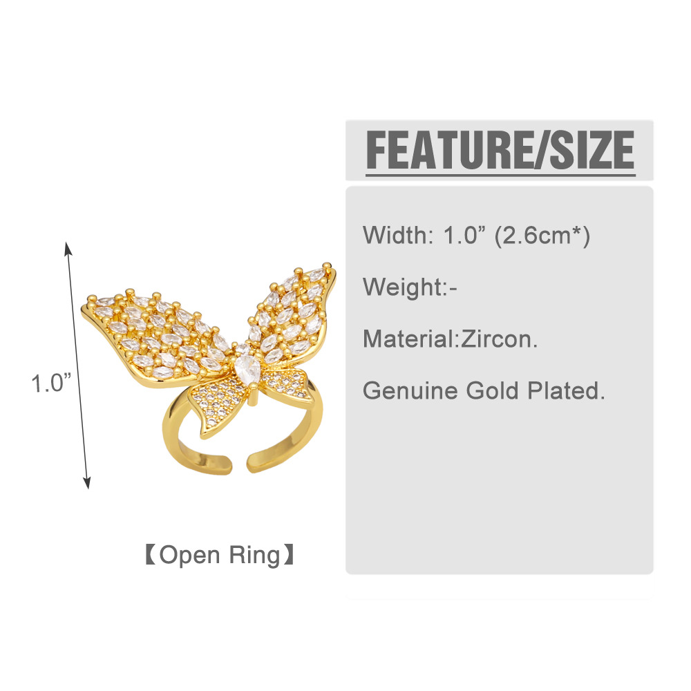 Fashion Creative Zircon Inlaid Butterfly Flower Adjustable Copper Ring