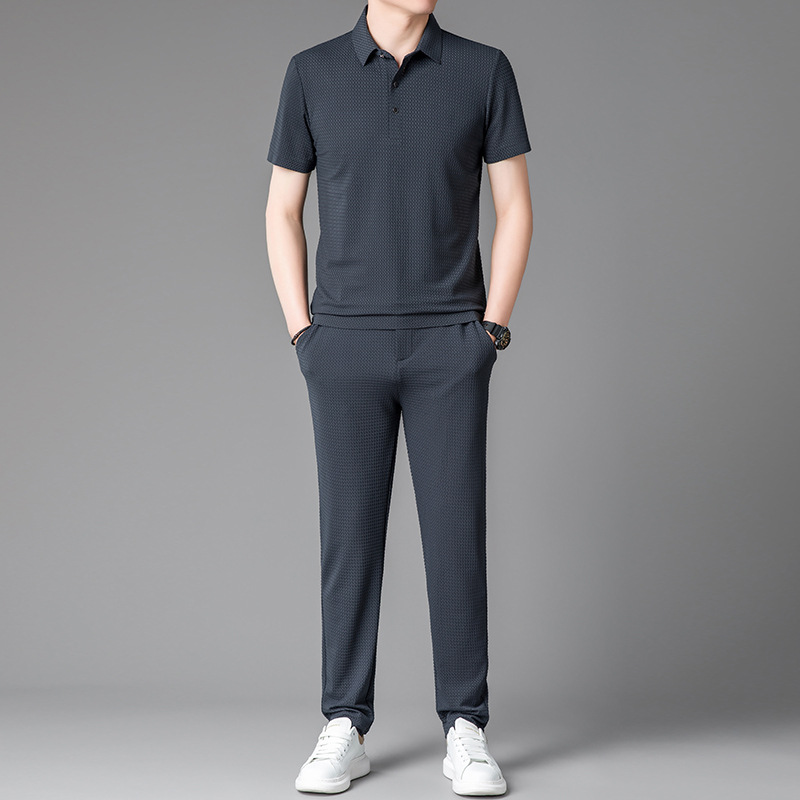 100% Mulberry Silk Accessible Luxury Casual Short-Sleeved Pants Two-Piece Set Men's Seamless T-Shirt Two-Piece Polo Shirt Suit
