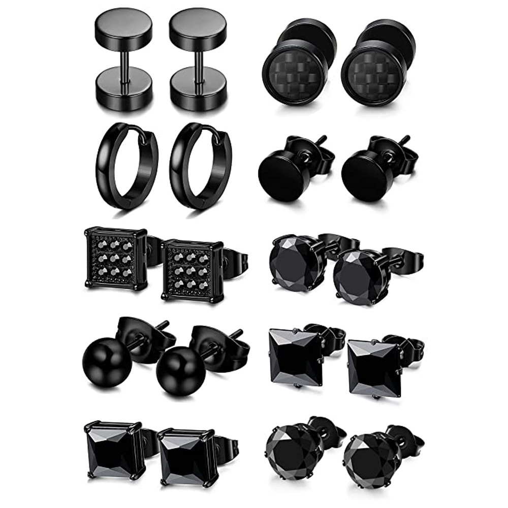 10 Pair Black Zircon Earrings Round Cake Barbell Earrings Men's Personality Cross-border Amazon Set Combination Hot Sale
