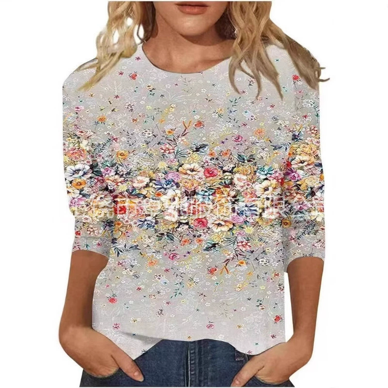 2025 весна и лето новый Amazon трансграничная женская мода с принтом из семи рукавов свободная футболка с круглым вырезом повседневная топ