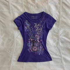 アメリカンレトロヴィンテージパープルロックスタイルデザインギタープリント半袖レディースウエストTシャツ夏