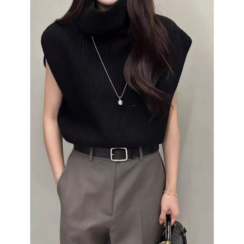 South Korea Dongdaemun 2024 Autumn Women's New Solid Color Western Style Loose Sleeveless Turtleneck Sweater Vest