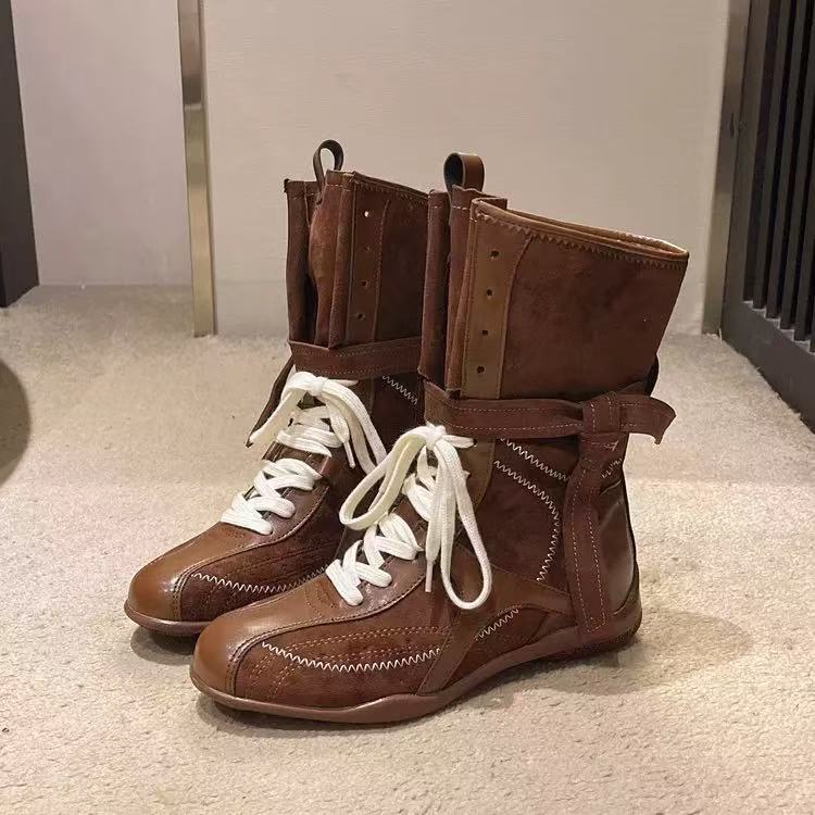 Women's boots, TikTok trending, post-apocalyptic style, western cowboy boxing boots, mid-calf height, with hidden heel for added height, retro and versatile, trendy Martin boots Women's boots, TikTok trending, post-apocalyptic style, western cowboy boxing boots, mid-calf height, with hidden heel for added height, retro and versatile, trendy Martin boots