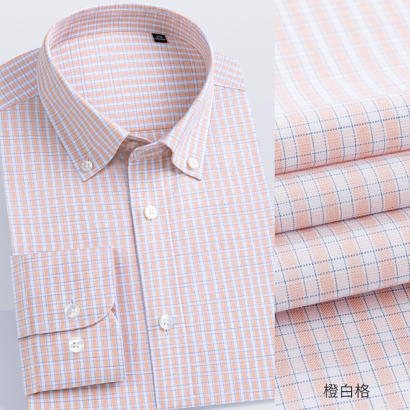 Áo sơ mi nam Oxford kẻ caro cotton dài tay không cần là, phong cách lịch sự đa năng — Sơ mi dài tay kẻ sọc vàng nhạt-302, Tay áo dài ca-rô màu cam và trắng-301