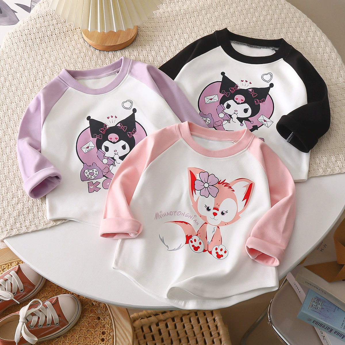 Детский свитер с двусторонним бархатным низом и мультяшным узором 2024, новинка, теплый топ для девочек, весна-осень, с длинным рукавом