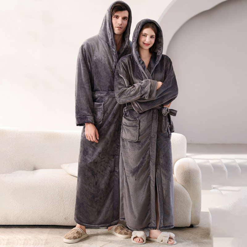 Large Size Hooded Nightgown, Extended Version to Ankle, Couple's Bathrobe, Flannel Dressing Gown, Men's Pajamas, Autumn and Winter Women's Home Wear Large Size Hooded Nightgown, Extended Version to Ankle, Couple's Bathrobe, Flannel Dressing Gown, Men's Pajamas, Autumn and Winter Women's Home Wear