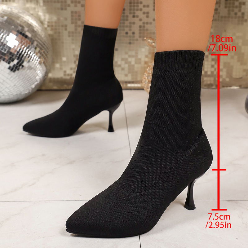 Plus-size stretch knit ankle boots, pointed-toe stiletto heels, short boots, slim-fit boots for autumn and winter, mid-calf boots, high-heeled boots, available in stock Plus-size stretch knit ankle boots, pointed-toe stiletto heels, short boots, slim-fit boots for autumn and winter, mid-calf boots, high-heeled boots, available in stock